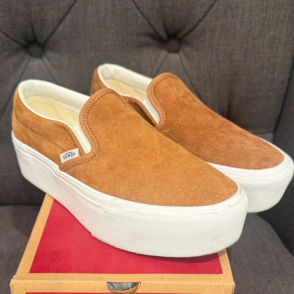 Vans Brown and White Slip-On Loafers